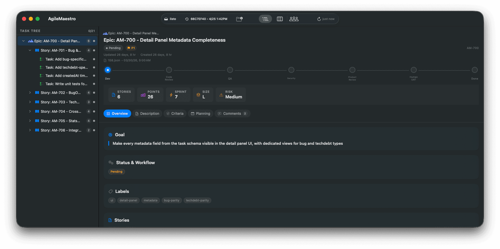 The agile-maestro board showing work broken into epics, stories, and tasks in a tree view.