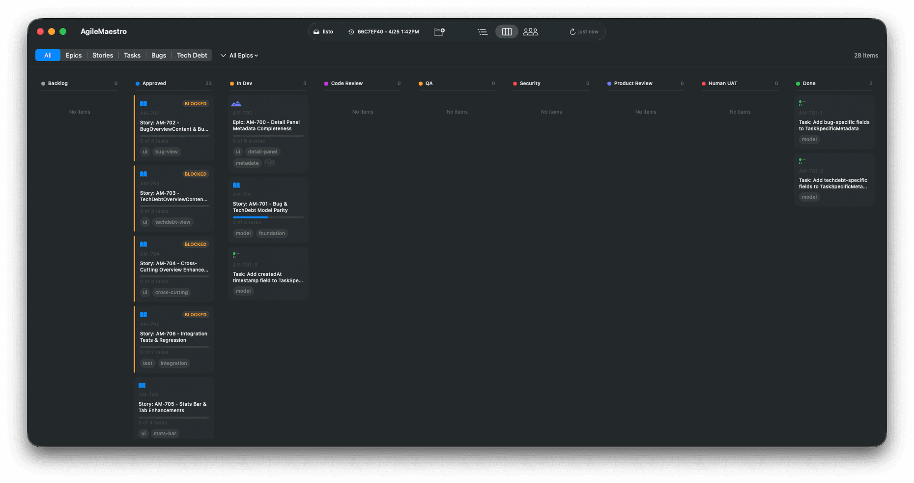 The agile-maestro kanban board with a story in the in-development column.