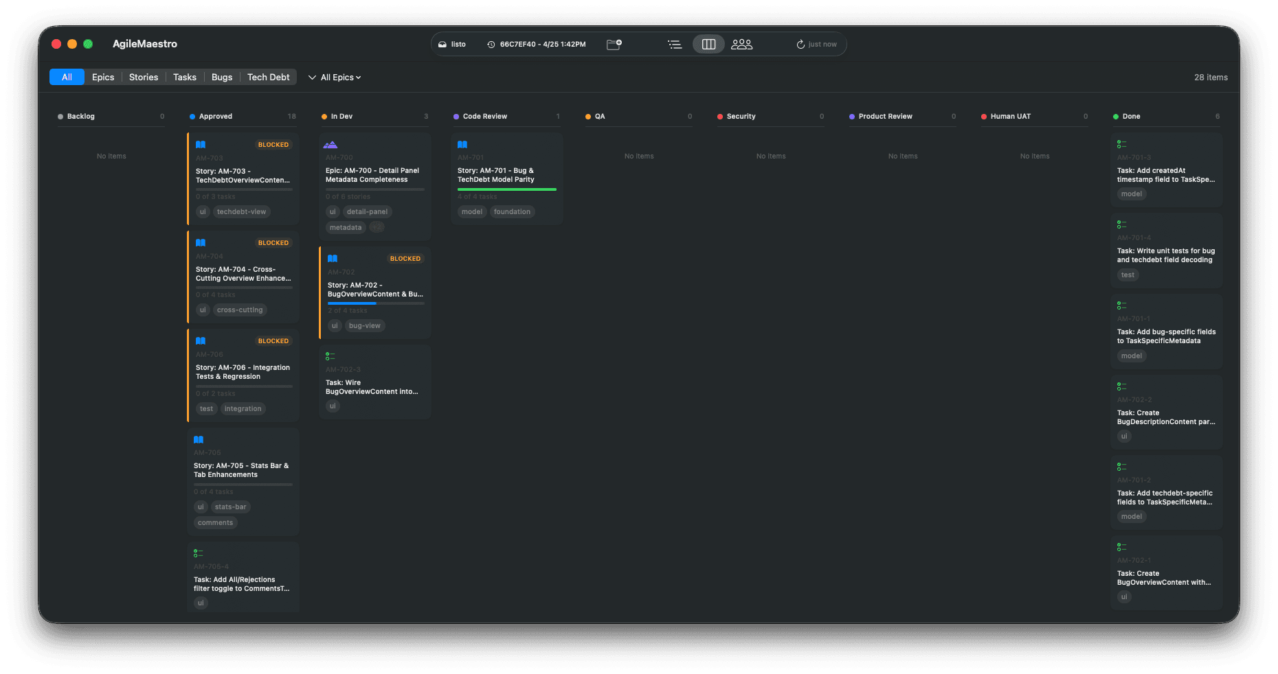 The agile-maestro kanban board with a story in the code-review column.