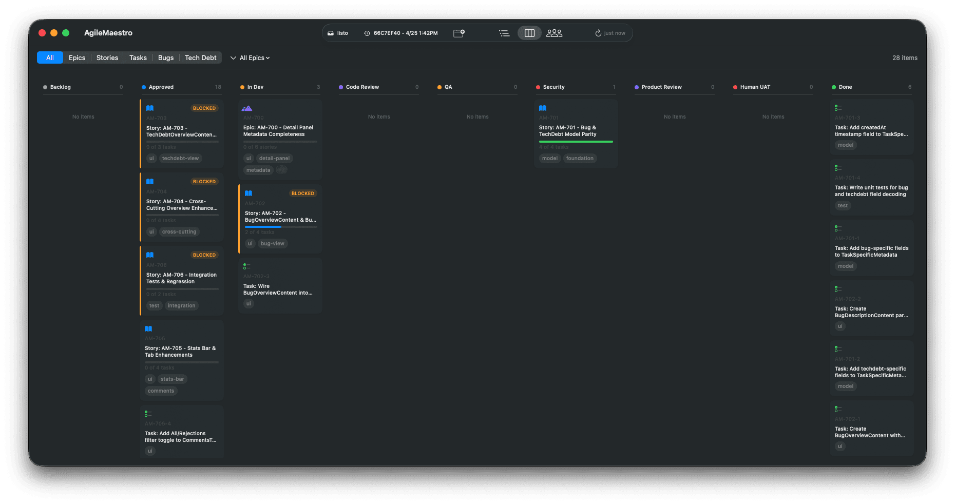 The agile-maestro kanban board with a story in the security column.