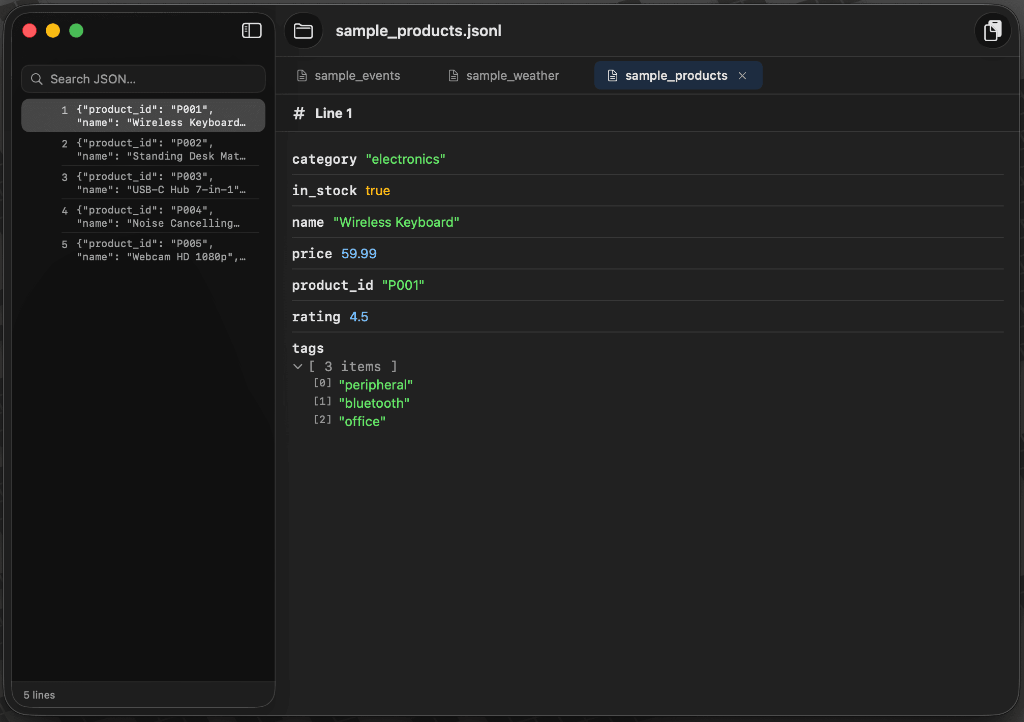 parsely, a native Mac JSONL viewer that parses each line into a clean, collapsible tree.